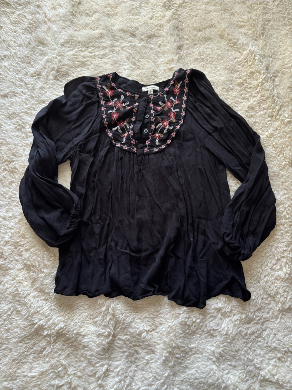 Black Long-Sleeve Blouse with Floral Embroidered Yoke